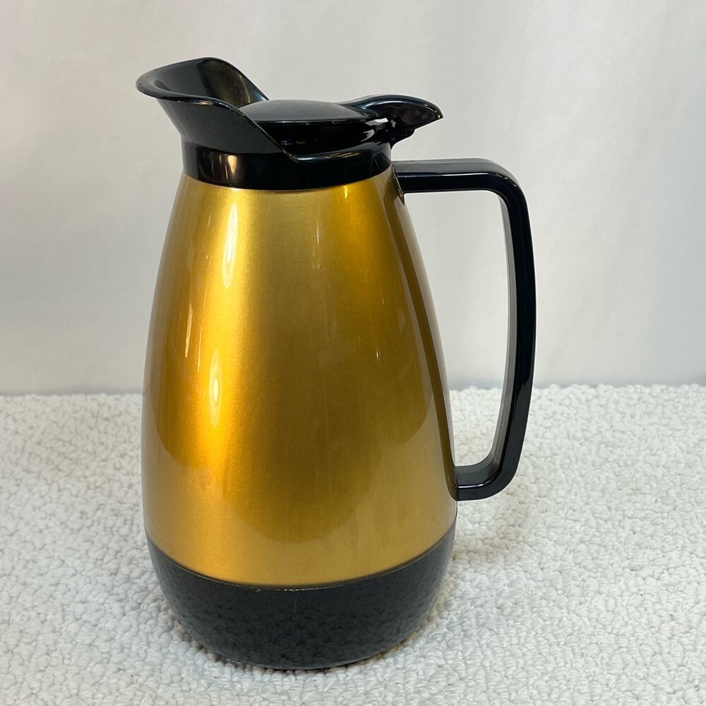 Thermo-Serv Coffee Carafe Pitcher Flip Top Lid Black Gold Plastic USA West Bend